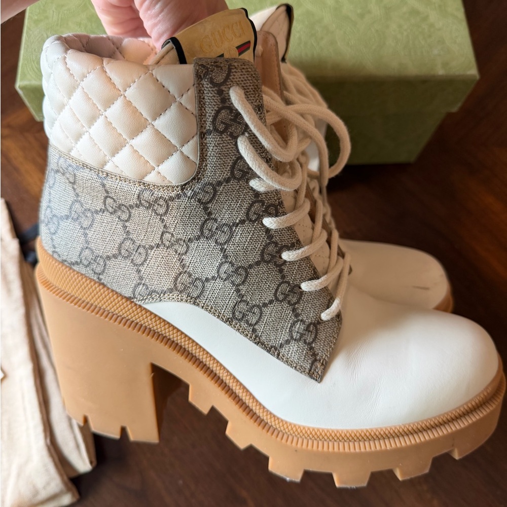 Gucci Apollo White Leather & Beige GG Canvas Platform Lug Lace-Up Boot - Picture 7 of 9